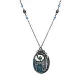 1928 Jewelry Pewter Cat with Blue Enamel Fishbowl Beaded Pendant Necklace, Women's