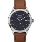 American Documents 41mm Leather Strap Watch Stainless Steel/brown/blue - Brown - Timex Watches