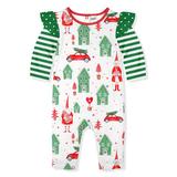 PeppyMini Girls' Rompers - White & Green Holiday Truck Angel Sleeve Playsuit - Infant & Toddler