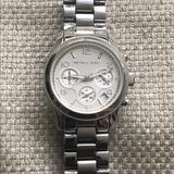 Michael Kors Jewelry | Michael Kors Stainless Runway Chronograph Watch | Color: Silver | Size: Womens Watch 37mm Case With Mineral Dial Window