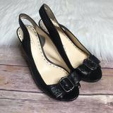 Coach Shoes | Coach Black Leather Bow Peep Toe Wedge Heels | Color: Black | Size: 6.5