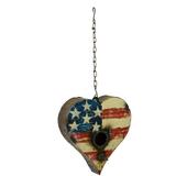 August Grove® Siegfried Hanging Heart w/ Flag Decorative Bird House Metal in Blue/Red, Size 16.5 H x 9.0 W x 4.5 D in | Wayfair