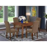 Winston Porter Ludwicka Butterfly Leaf Rubberwood Solid Wood Dining Set Wood/Upholstered Chairs in Brown | Wayfair EF333BE941BE4D3F803854CEEE51B024