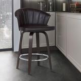 Ebern Designs Vandt Swivel Counter & Bar Stool w/ Chrome Footrest in Faux Leather & Poplar Wood Wood/Metal in Brown | Wayfair