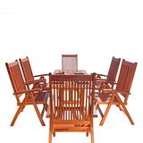 Malibu Outdoor 7-PC Wood Patio Dining Set w/ Curvy Leg Table & Reclining Chairs - Vifah V189SET8