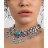 YUSHI Women's Necklaces ANTIQUE - Teal Rhinestone & Silvertone Disk-Accent Choker