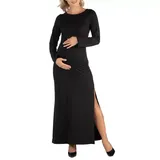 24Seven Comfort Apparel Women's Maternity Form Fitting Long Sleeve Side Slit Maxi Dress, Black, 2X