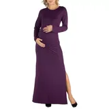 24seven Comfort Apparel Purple Women's Maternity Form Fitting Long Sleeve Side Slit Maxi Dress