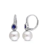 Belk & Co Pearl, 3/8 Ct. T.w. Sapphire, And 1/8 Ct. T.w. Diamond Earrings In 14K White Gold