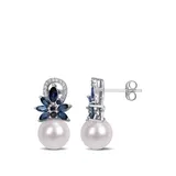 Belk & Co Women's 9 to 9.5 Millimeter Cultured Freshwater Pearl, 1.63 ct. t.w. Sapphire and 1/8 ct. t.w. Diamond Floral Drop Earrings in 14k White Gold