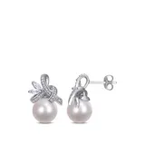 Belk & Co 9.5 To 10 Millimeter Freshwater Cultured Pearl, 2/5 Ct. T.w. White Topaz And 1/6 Ct. T.w. Diamond Flower Earrings In 10K White Gold