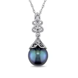 Belk & Co 1/10 Ct. T.w. Diamond And 9 Millimeter Cultured Tahitian Pearl Accent Vintage Drop Pendant With Chain In 14K White Gold