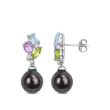 Belk & Co. White 9 to 9.5 Millimeter Cultured Tahitian Pearl and 2.2 ct. t.w. Multi-Gemstone Drop Earrings in 10k White Gold