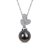 Belk & Co 9 To 9.5 Millimeter Cultured Tahitian Pearl And 1/10 Ct. T.w. Diamond Leaf Drop Pendant With Chain In 10K White Gold
