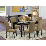 Winston Porter Lockaby 7 Piece Solid Wood Dining Set Wood/Upholstered Chairs in Black, Size 30.0 H in | Wayfair 03D864EB75B3492EA460671B98D81D6F