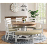 Barrett Round 6PC Dining Set-Table, Four Side Chairs, & Bench in Natural & White - Picket House Furnishings DPK100RD6PC