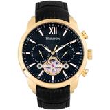 Automatic Arthur Gold Case, Black Dial, Genuine Black Leather Watch 45mm - Black - Heritor Watches