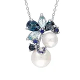 Belk & Co Cultured Freshwater Pearl, 2.3 Ct. T.w. Blue Topaz And 2/5 Ct. T.w. Sapphire Cluster Pendant With Chain In Sterling Silver, White