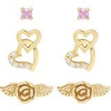 Link Up 3-piece Set Flower, Pink Crystal And Hearts Stud Earrings In 18k Gold Over Sterling Silver - Metallic - Link Up Earrings