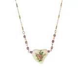 1928 Jewelry Women's 16 Inch Adjustable Gold Tone Purple Beaded White Heart with Pink Floral Decal Necklace