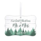 The Holiday Aisle® Our First Christmas Married w/ Pine Trees Design Rectangular Holiday Shaped Ornament Wood in Brown/Green/White | Wayfair