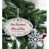 The Holiday Aisle® Our First Christmas as Mr. & Mrs. Oval Design Holiday Shaped Ornament Wood in Brown/White, Size 2.5 H x 4.0 W x 0.25 D in Wayfair