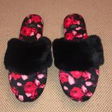 Victoria's Secret Shoes | 3$15 - Victorias Secret Satinfaux Fur Slippers | Color: Black/Red | Size: S