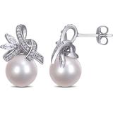 Freshwater Cultured Pearl (9.5-10mm), White Topaz (2/5 Ct. T.w) And Diamond (1/6 Ct. T.w.) Ribbon Earrings In 10k White Gold - White - Macy's Earrings
