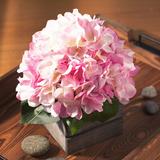 One Allium Way® Silk Hydrangea Floral Arrangements & Centerpieces in Wood Planter Silk in Pink, Size 9.0 H x 8.0 W x 8.0 D in | Wayfair