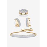 18K Gold-Plated Diamond Accent Demi Hoop Earrings, Ring and Adjustable Bolo Bracelet Set 9" by PalmBeach Jewelry in Gold (Size 8)