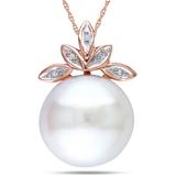 Freshwater Cultured Pearl (11.5-12mm) And Diamond Accent Leaf 17" Necklace In 10k Rose Gold - Black - Macy's Necklaces