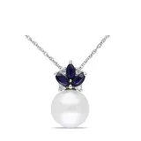 Belk & Co Women's 8.5-9 Millimeter Cultured Freshwater Pearl, Sapphire and Diamond Floral Pendant with Chain in 10k White Gold, 17 in