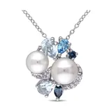 Belk & Co Cultured Freshwater Pearl And 1.75 Ct. T.w. Multi-Gemstone Cluster Pendant With Chain In Sterling Silver, White, 18 In