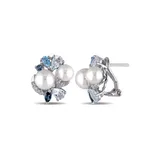 Belk & Co Cultured Freshwater Pearl And 3.5 Ct. T.w. Multi-Gemstone Cluster Earrings In Sterling Silver, White