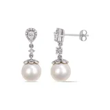 Belk & Co 9-9.5 Millimeter Cultured Freshwater Pearl, White Topaz And 1/5 Ct. T.w. Diamond Dangle Earrings In 10K White Gold