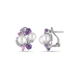 Belk & Co Cultured Freshwater Pearl And 2.75 Ct. T.w. Multi-Gemstone Cluster Earrings In Sterling Silver, White