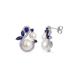 Belk & Co Cultured Freshwater Pearl, Created Sapphire And 1/3 Ct. T.w. Diamond Swan Stud Earrings In 10K White Gold