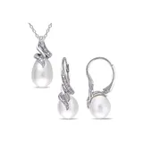 Belk & Co 2-Piece Set Cultured Freshwater Pearl And 1/10 Ct. T.w. Diamond Twist Earrings And Necklace In Sterling Silver, White, 18 In