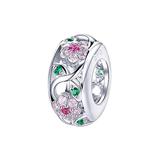 Silver Angle Women's Jewelry Charms Rhodium - Pink & Green Cubic Zirconia & Sterling Silver Floral Bead Charm