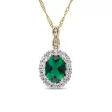 Belk & Co Oval Created Emerald, White Topaz, And Diamond Accent Vintage Pendant With Chain In 14K Yellow Gold
