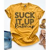 Party On! Women's Tee Shirts Mustard - Mustard Leopard 'Suck It Up Buttercup' Boyfriend Tee - Women