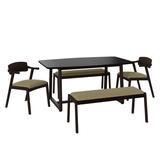 Handy Living Richman 5-Piece Brown and Tan Fabric Mid Century Modern Wood Dining Set with 2-Armless Benches and 2-Arm Chairs, Brown Finish and Tan Fabric