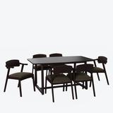 Handy Living Richman Brown and Brown Fabric 7-Piece Mid Century Modern Wood Dining Set with Rectangular Table and 6-Arm Chairs, Brown Finish and Chocolate Brown Fabric