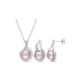 Belk & Co 2-Piece Set Pink Cultured Freshwater Pearl And 1/10 Ct. T.w. Diamond Halo Earrings And Necklace In Sterling Silver