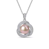 Belk & Co 10.5-11 MM Pink Cultured Freshwater Pearl and Cubic Zirconia Interlaced Halo Necklace in Sterling Silver