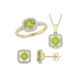 Belk & Co 3-Piece Set 2.87 Ct. T.w. Peridot And 1/3 Ct. T.w. Diamond Square Halo Necklace, Earrings And Ring In 10K Yellow Gold, 9