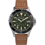 Navi Xl Automatic 41mm Leather Strap Watch Stainless Steel/brown/green - Brown - Timex Watches