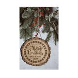 The Holiday Aisle® Merry Christmas Snowflake Design Bark Holiday Shaped Ornament Wood in Brown, Size 3.75 H x 3.75 W x 0.25 D in | Wayfair
