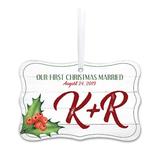 The Holiday Aisle® Our First Christmas Married Rectangular Holiday Shaped Ornament Wood in Brown/Red/White, Size 2.5 H x 4.0 W x 0.12 D in | Wayfair
