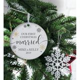 The Holiday Aisle® Our First Christmas Married w/ Snowflakes Design Ball Ornament Wood in Brown/White, Size 2.5 H x 4.0 W x 0.12 D in | Wayfair